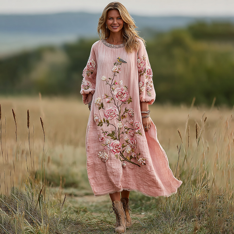 Women's Vintage Boho Roses And Birds Art Casual Dress