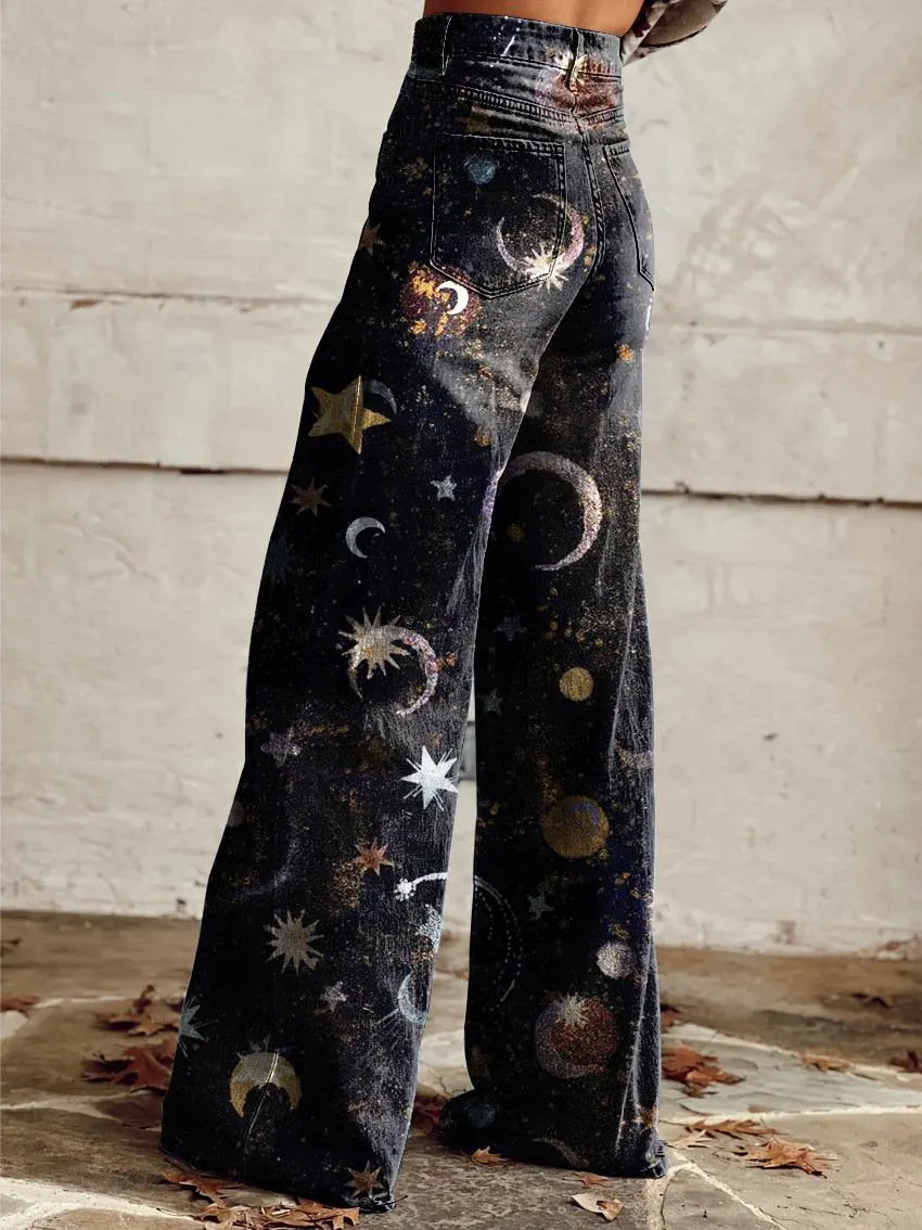 Black Stars & Moon Print Casual Wide-Leg Pants