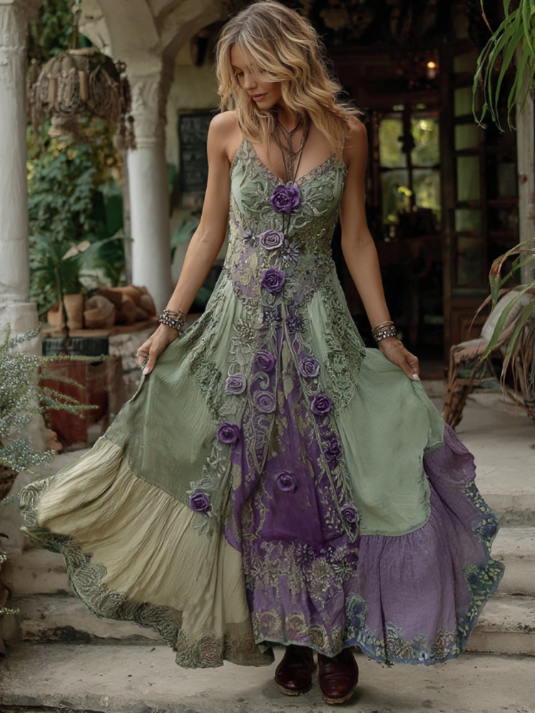 Vintage Classy Gradient Purple Lavender And Floral Embroidered Suspender Long Dress