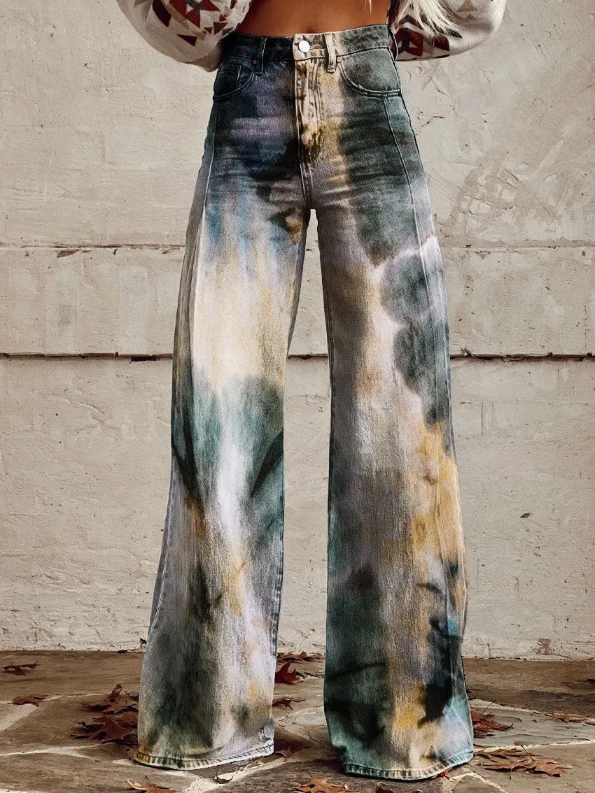 Vintage Print Casual Wide-Leg Pants