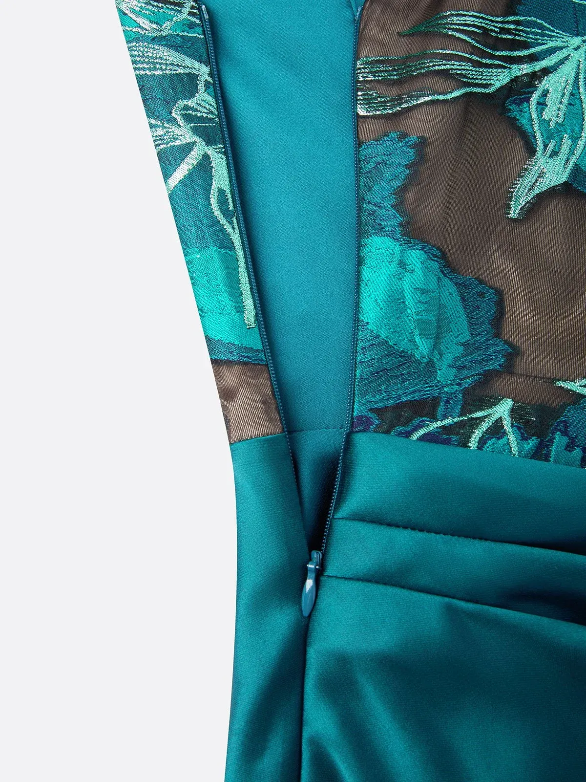 Cyan Jacquard Ruched Satin Boat Neck Sleeveless Sheath Floor-length Gown
