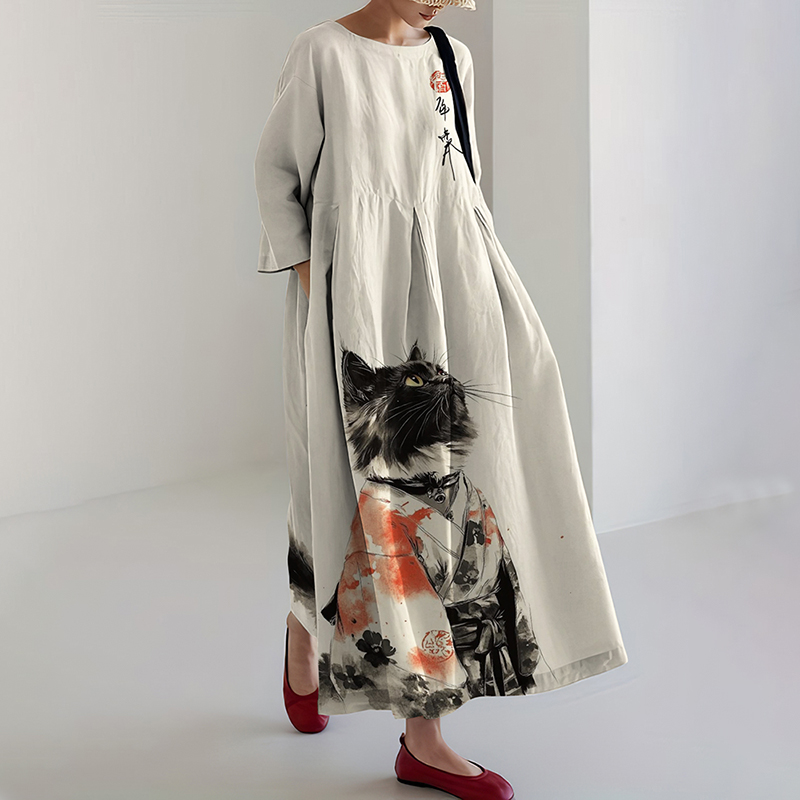 Retro Japanese Cat Art Print Midi Dress