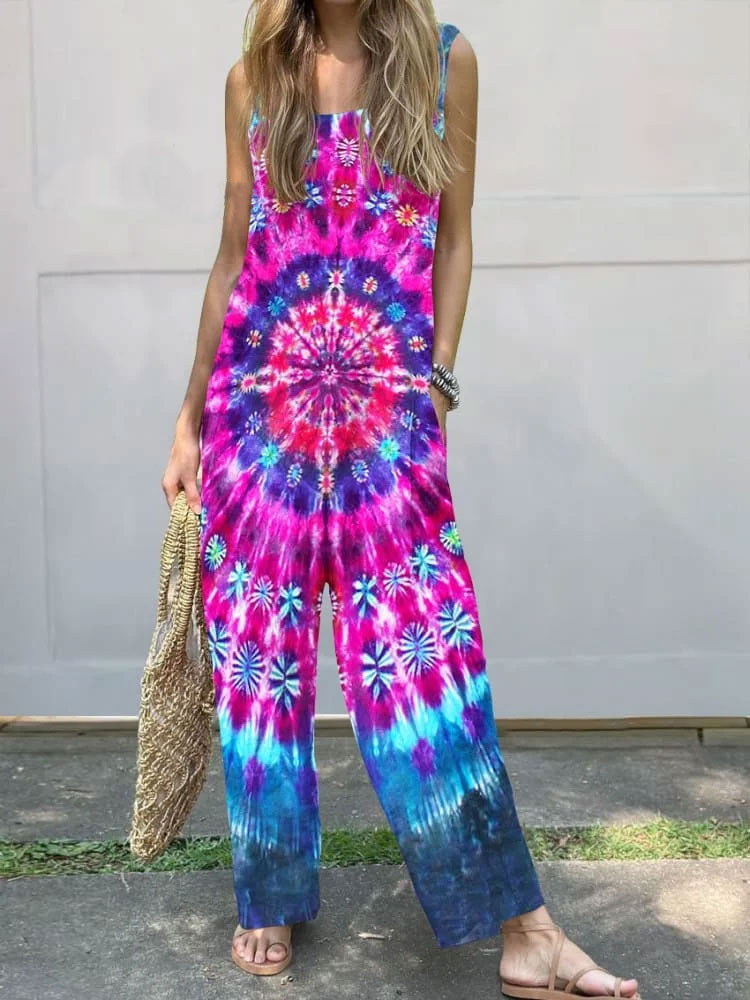 Vintage Mandala Tie-dye Art Print Casual Wide-Leg Jumpsuit