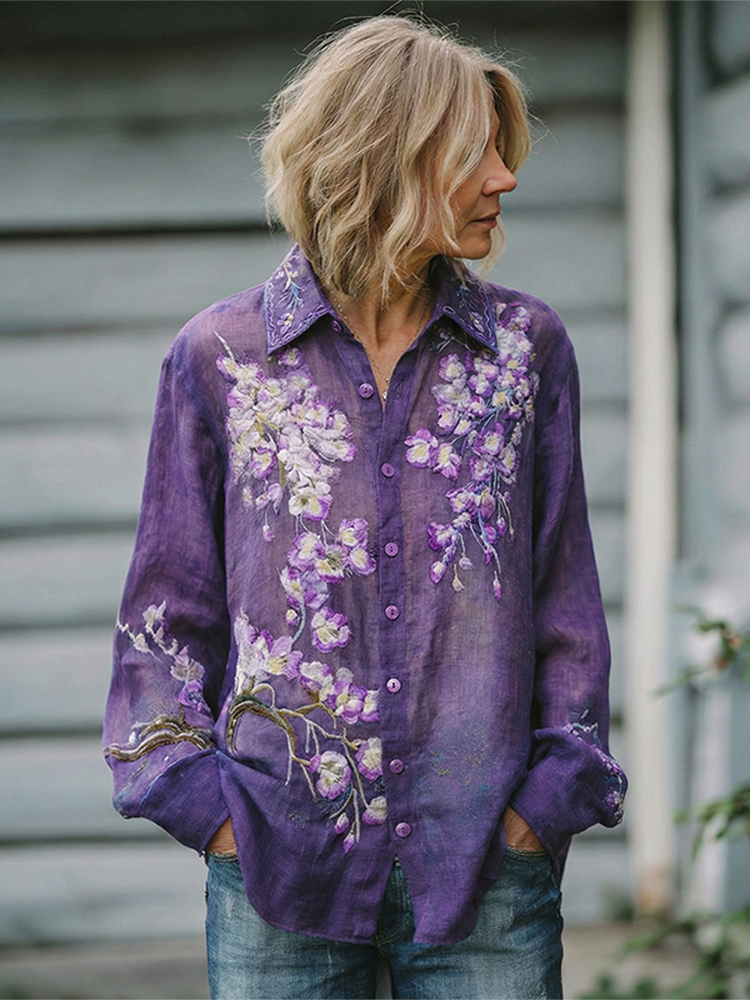 Vintage Iris Embroidered Floral Linen Long Sleeve Shirt