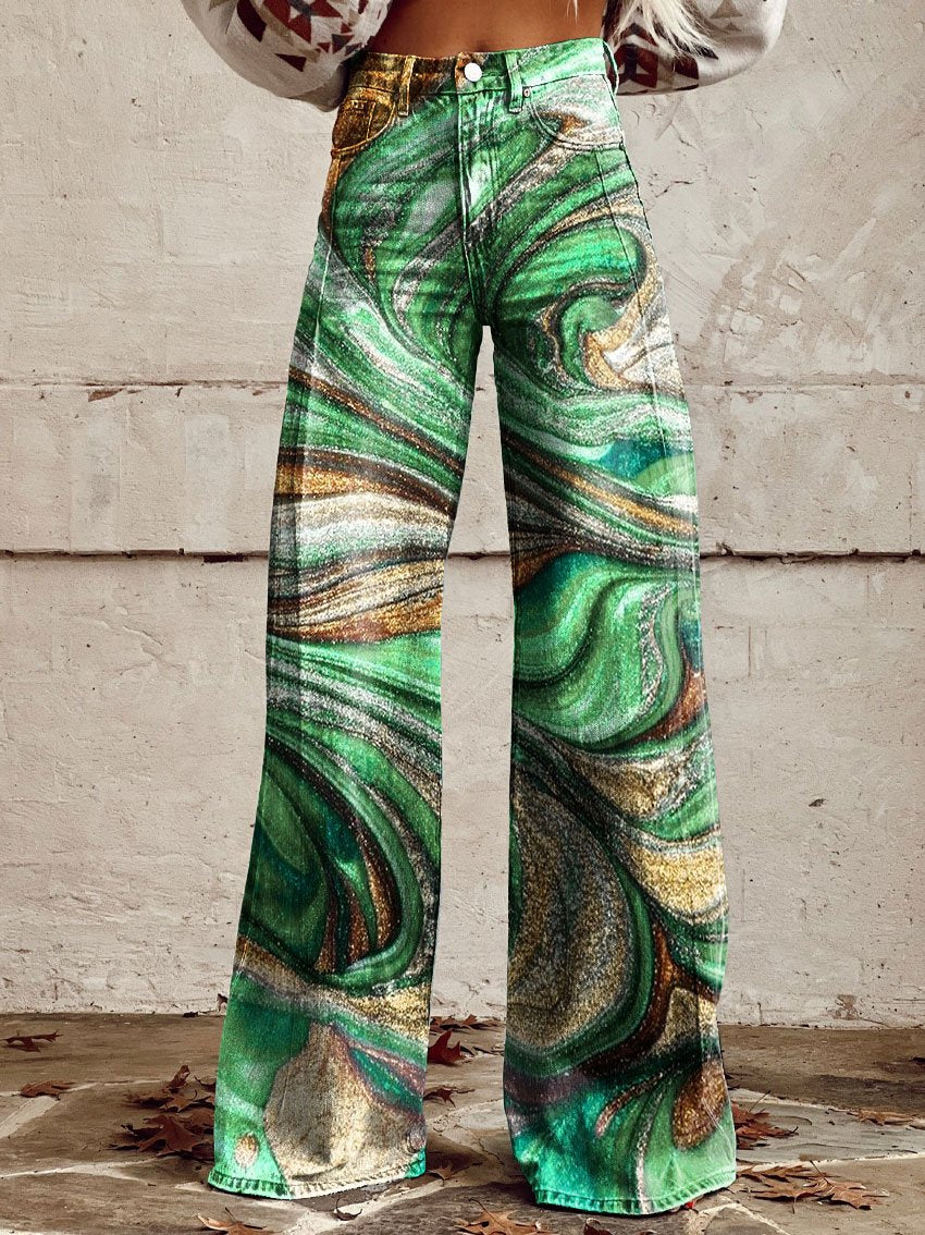 Vintage Green Texture Print Casual Wide-Leg Pants