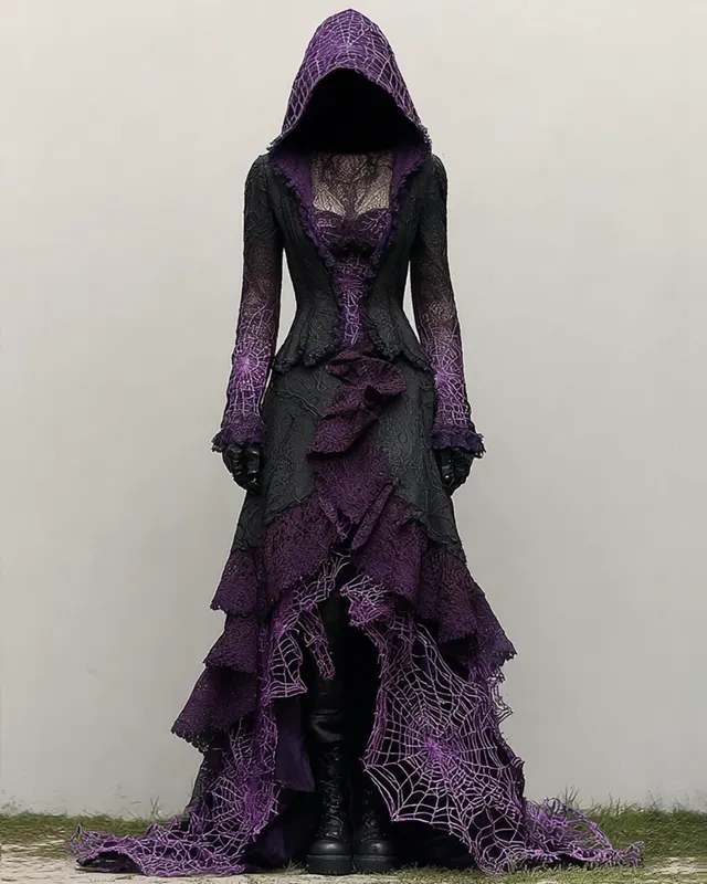Boho Witch Contrast Spiderweb Lace Panel Ruffle Hooded Evening Dress c505