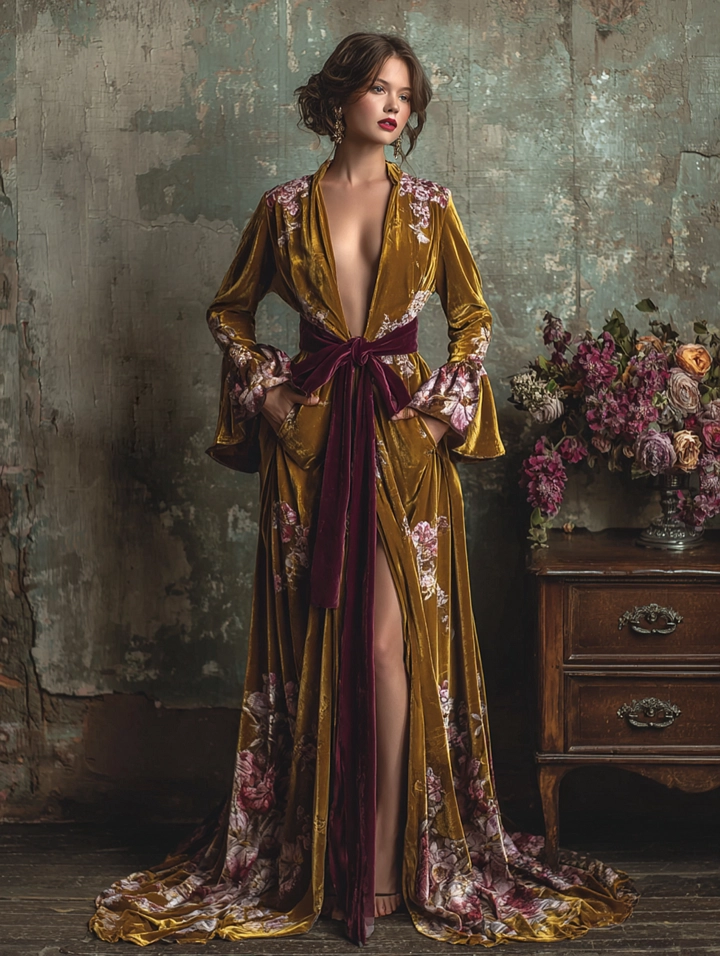 Vintage Velvet Ornate Print Robe (belt Included)