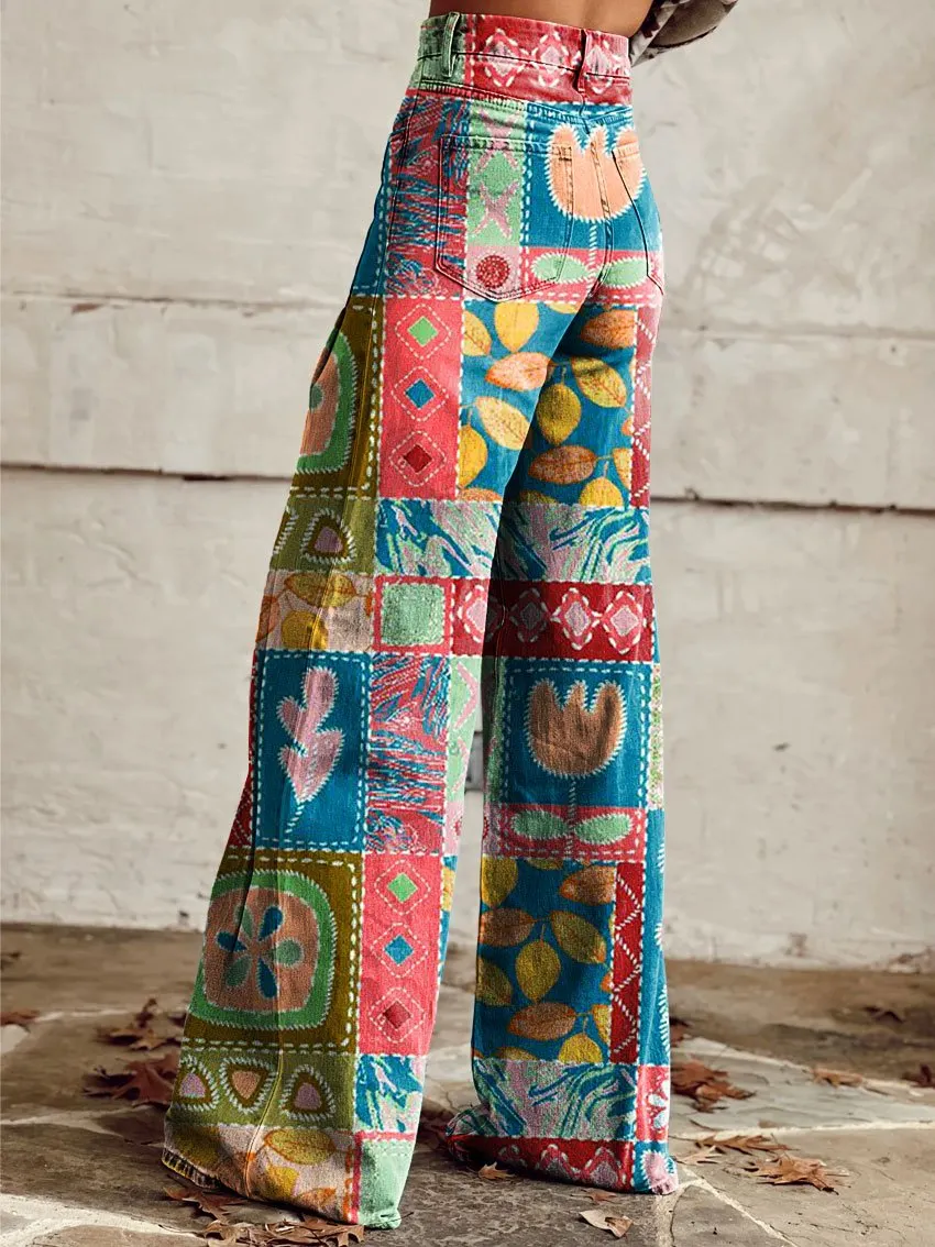 Vintage Print Casual Wide-Leg Pants