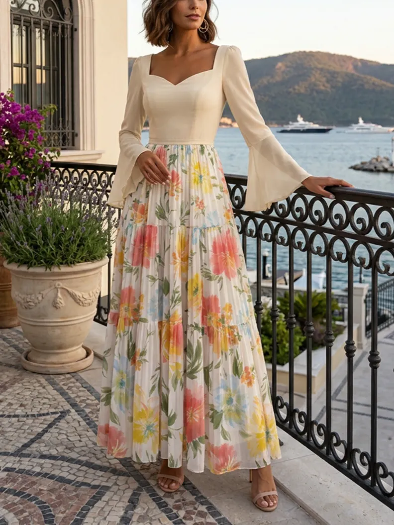 Square Neck Bell Sleeve Floral Tiered Maxi Dress
