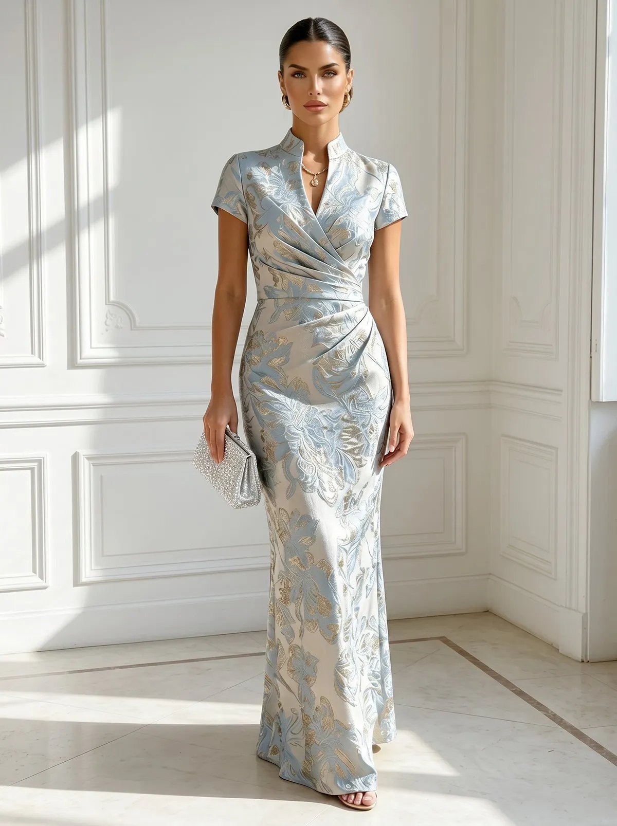 Light Blue Jacquard Classic V-Neck Short-Sleeve Mermaid Floor-length Gown