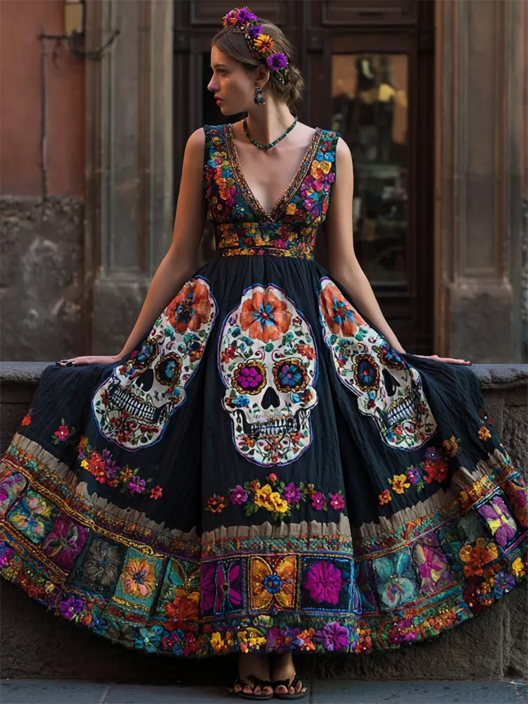 Day Of The Dead Sugar Skulls Mexican Floral Embroidered Linen Maxi Evening Dress