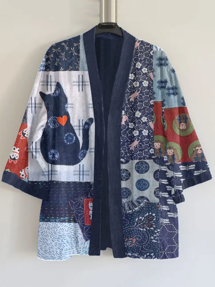 Japanese Traditional Sashiko In Cat Patchwork Art Pattern Art Print Blend Kimono Cardigan