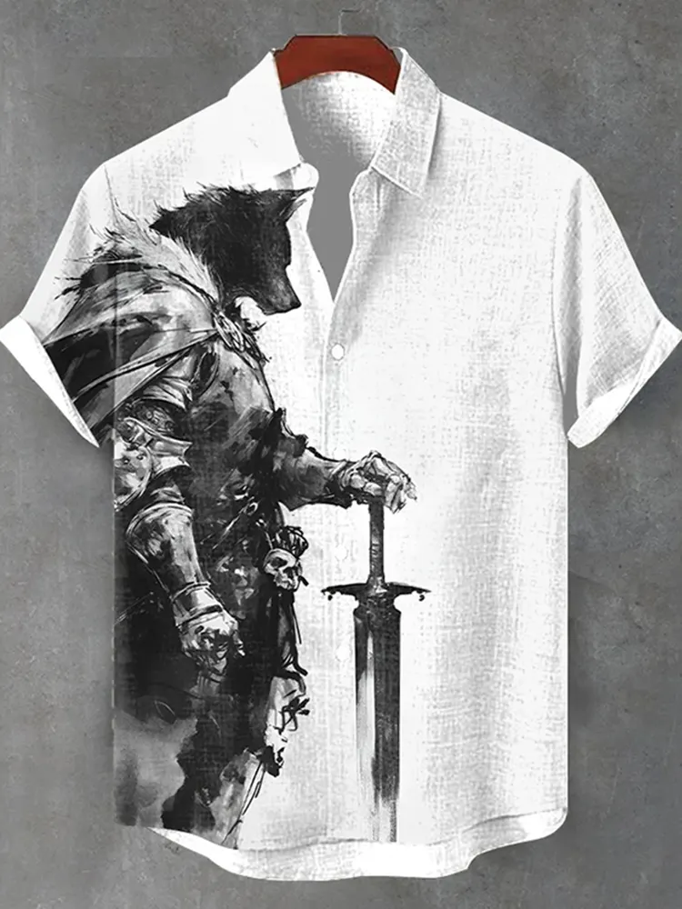 Men's Vintage Art Werewolf Knight Print Casual Shirt