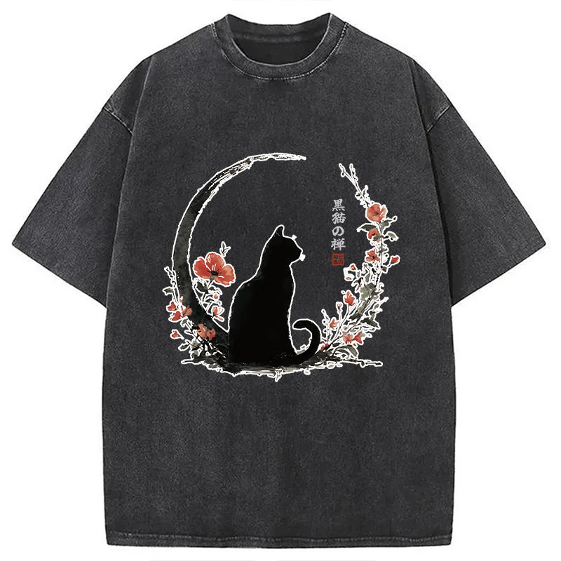 Black Cat & Flowers Washed T-shirt
