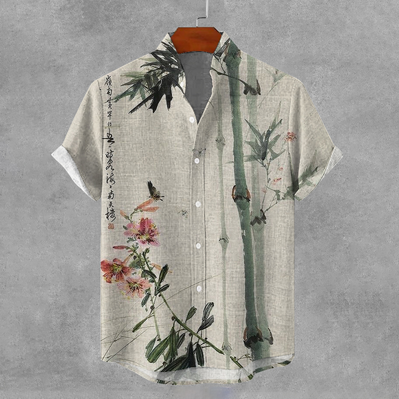 Men's Vintage Bamboo Floral Oil Painting Art Print Casual Shirt