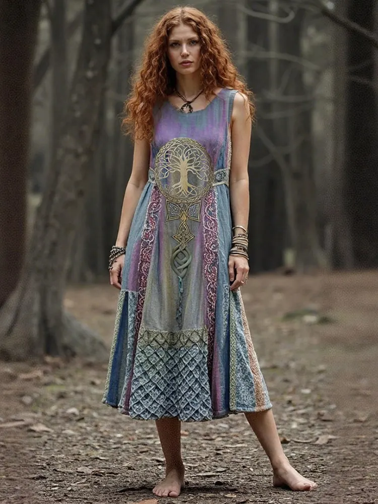 Vintage Tribal Life Of Tree Patchwork Art Tank Dress