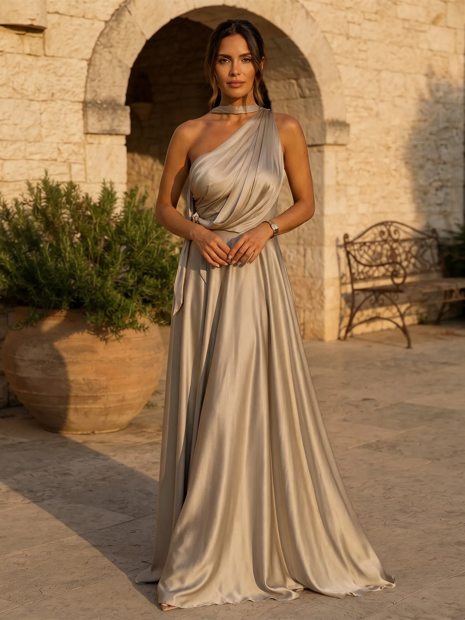 Champagne Satin One-Shoulder Halter Floor Maxi Dress