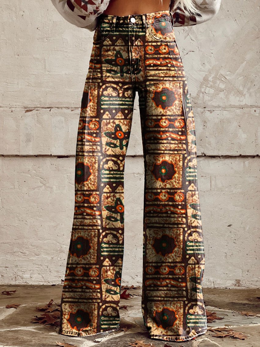 Vintage Print Casual Wide-Leg Pants
