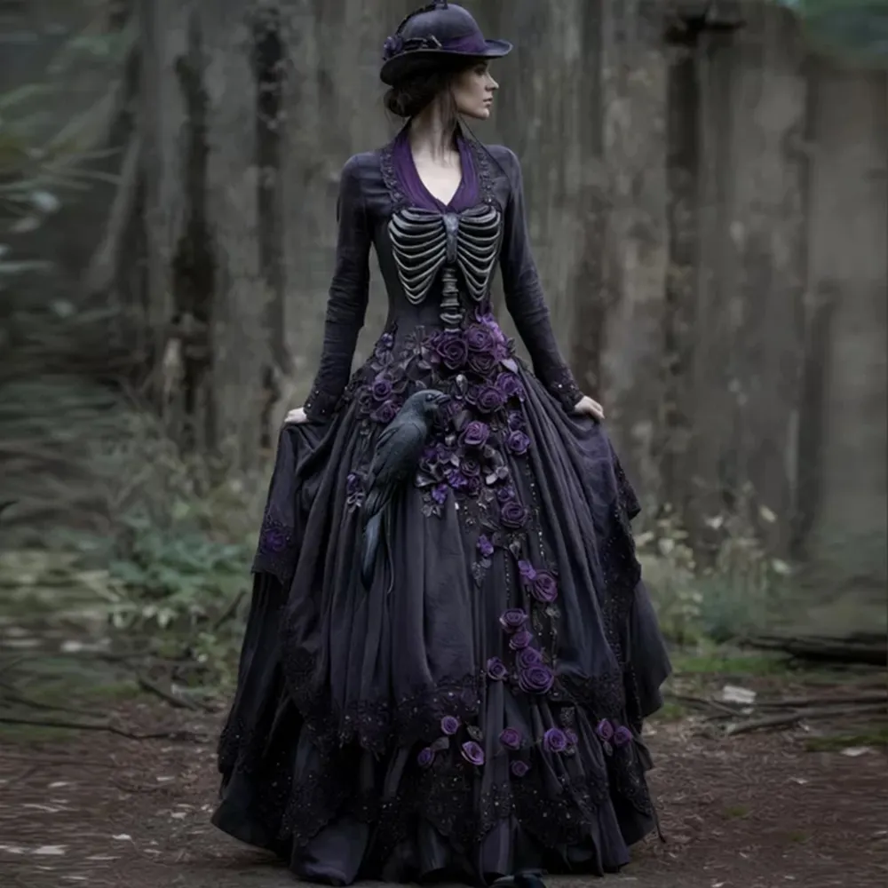 Women's Halloween Crow And Rose Tie Dyeing V-neck Dress