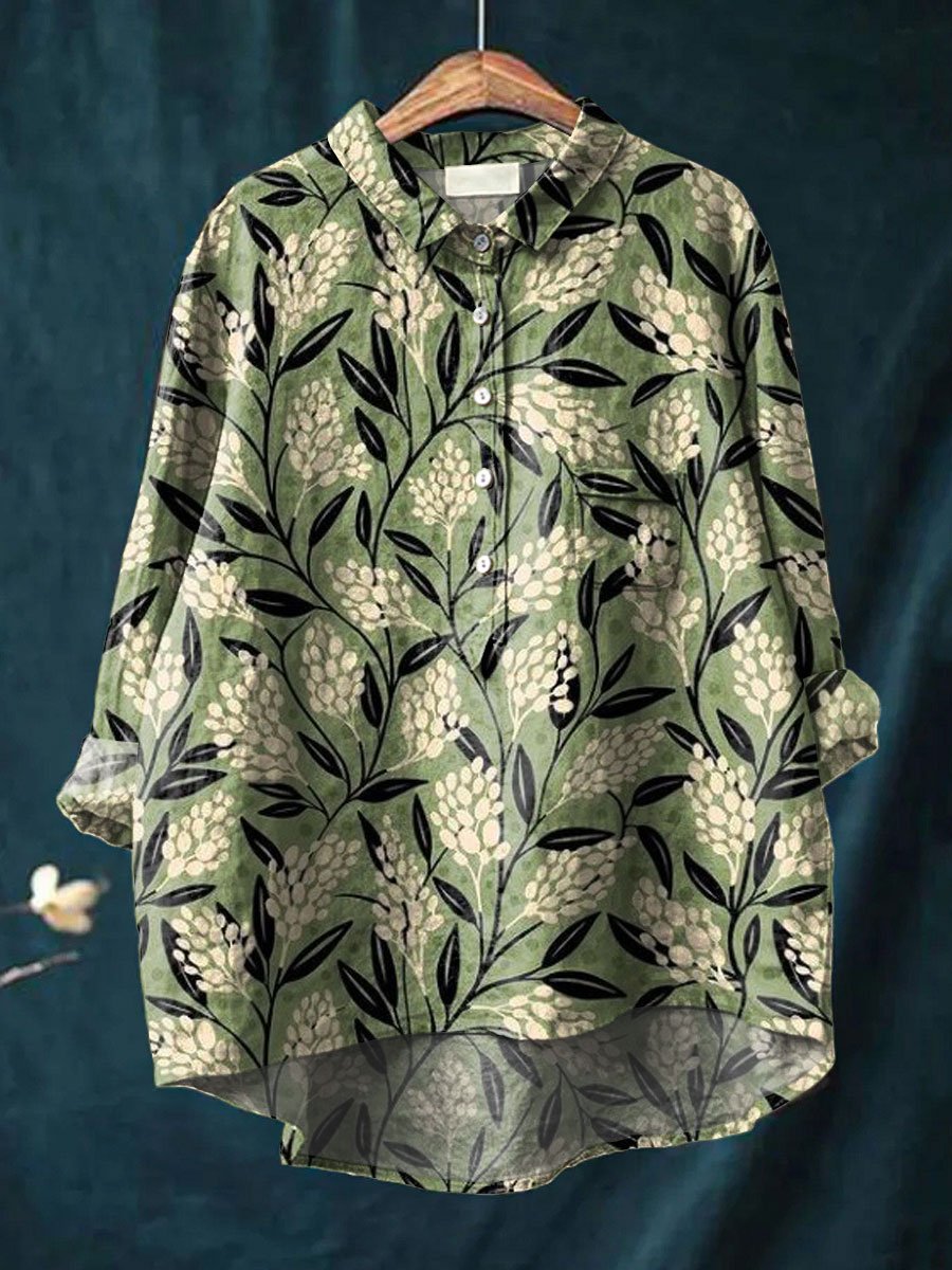 Vintage Flower Print Casual Cotton & Linen Shirt