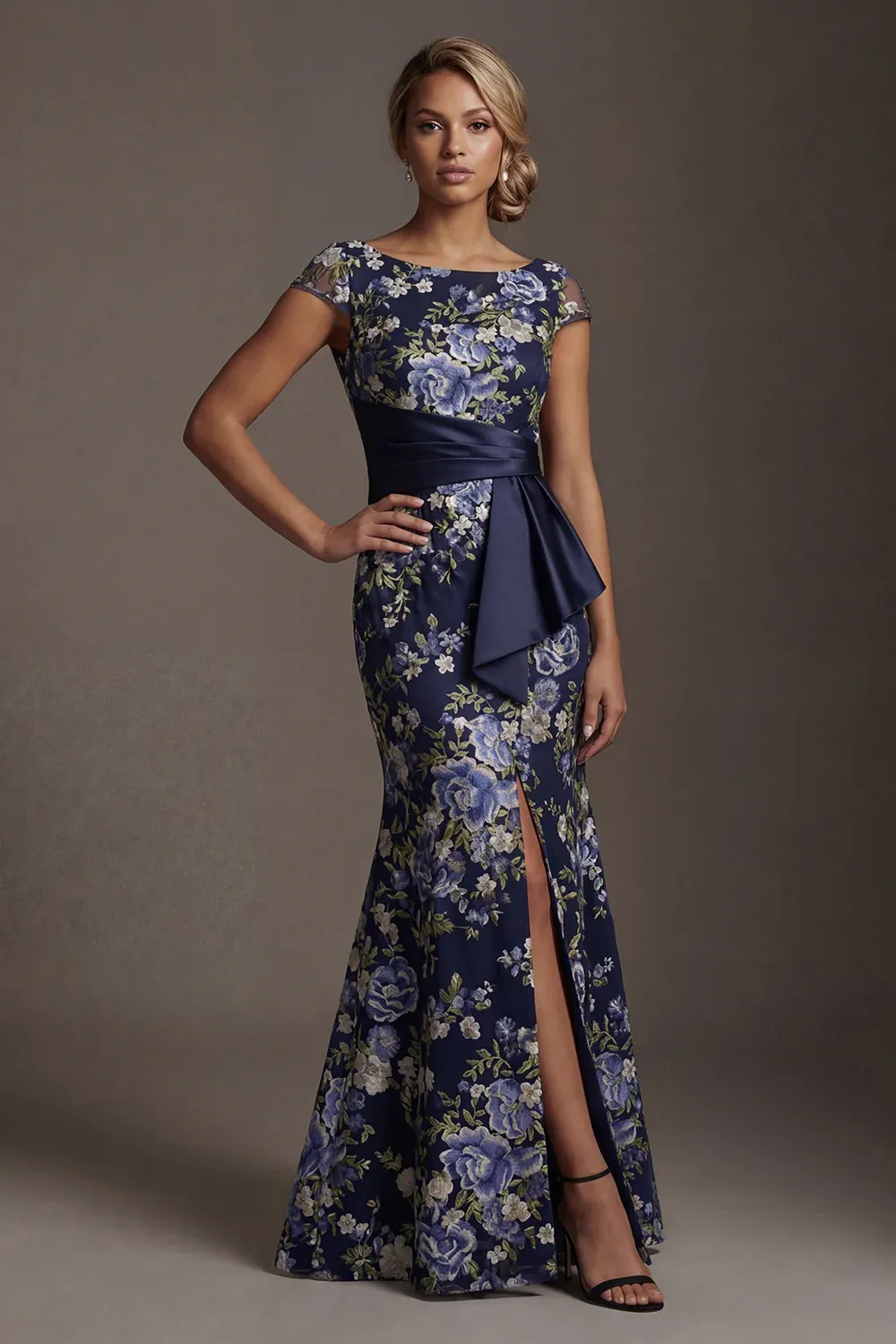 Navy Bateau Neck Cap Sleeve Floral Mermaid Maxi Dress