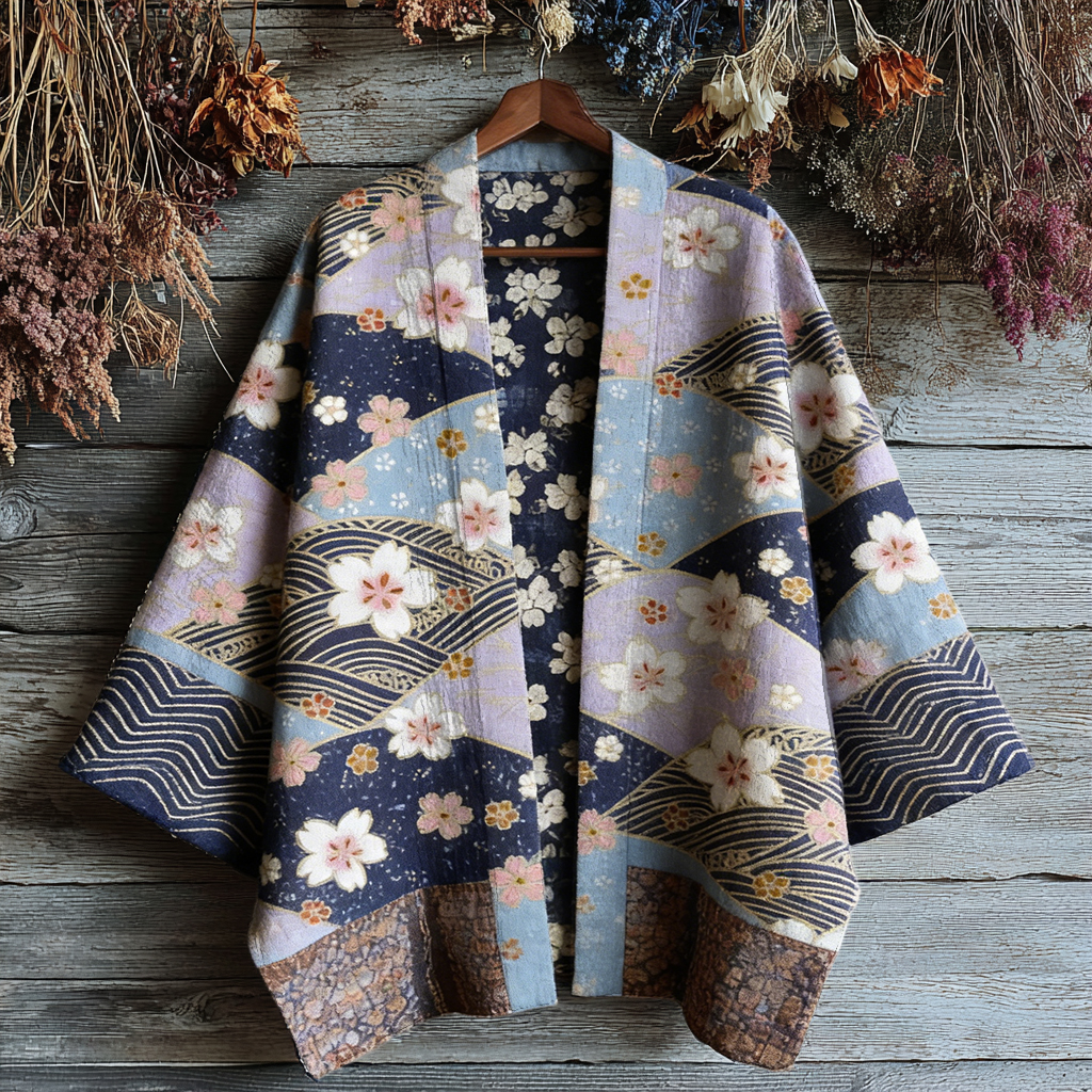 Retro Japanese Floral Traditional Sashiko Art Print Cotton & Linen Blend Kimono Cardigan