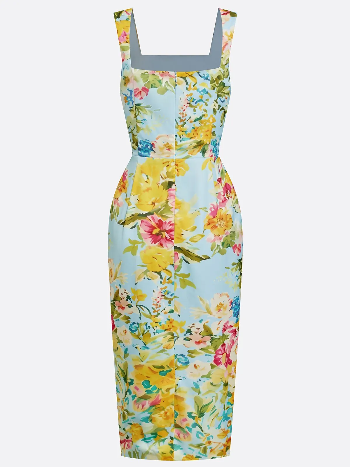 Light Green Floral Classic Square Neck Sleeveless Sheath Midi Dress