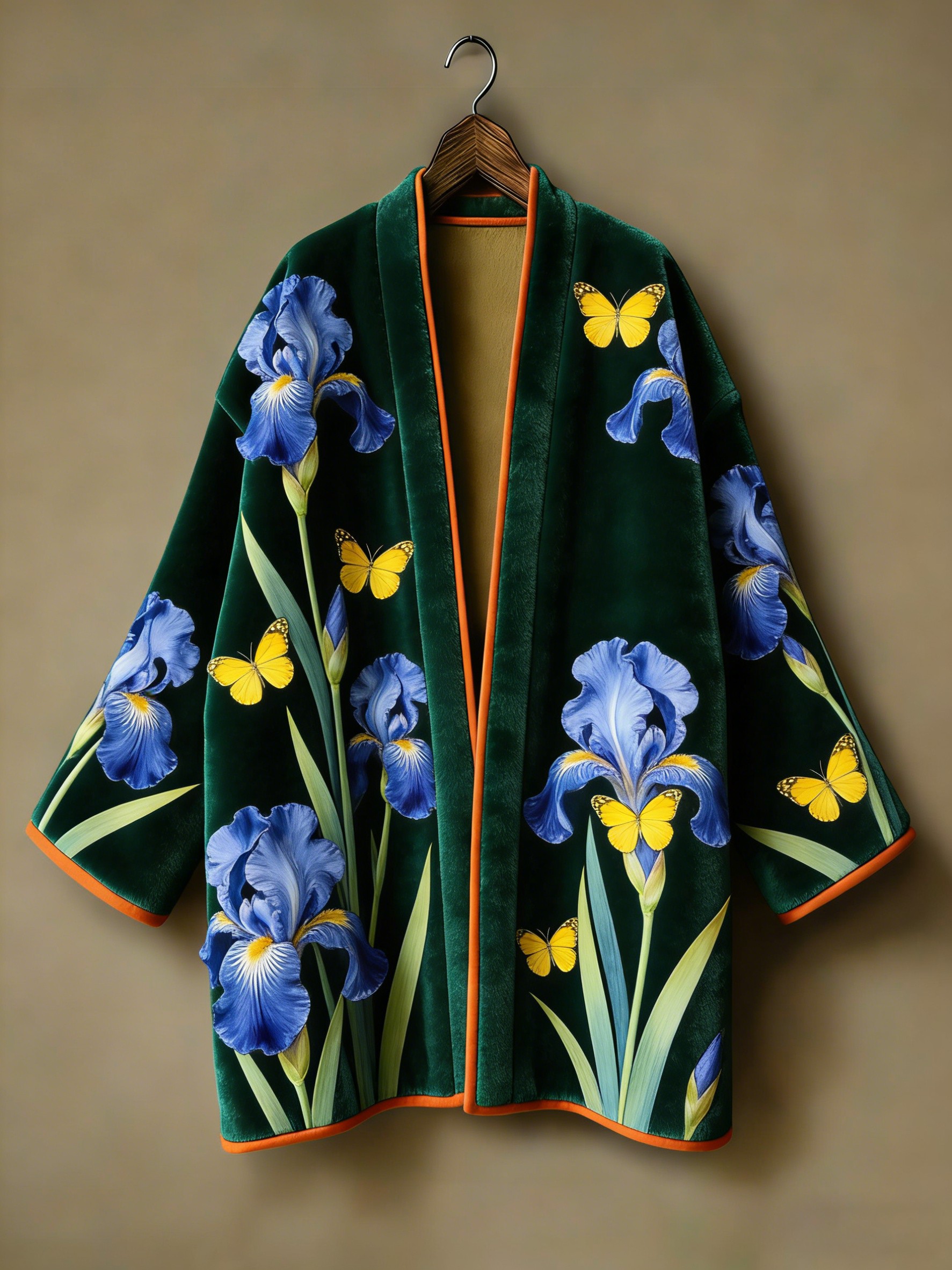 Flannel embroidered printed medium and long kimono cardigan