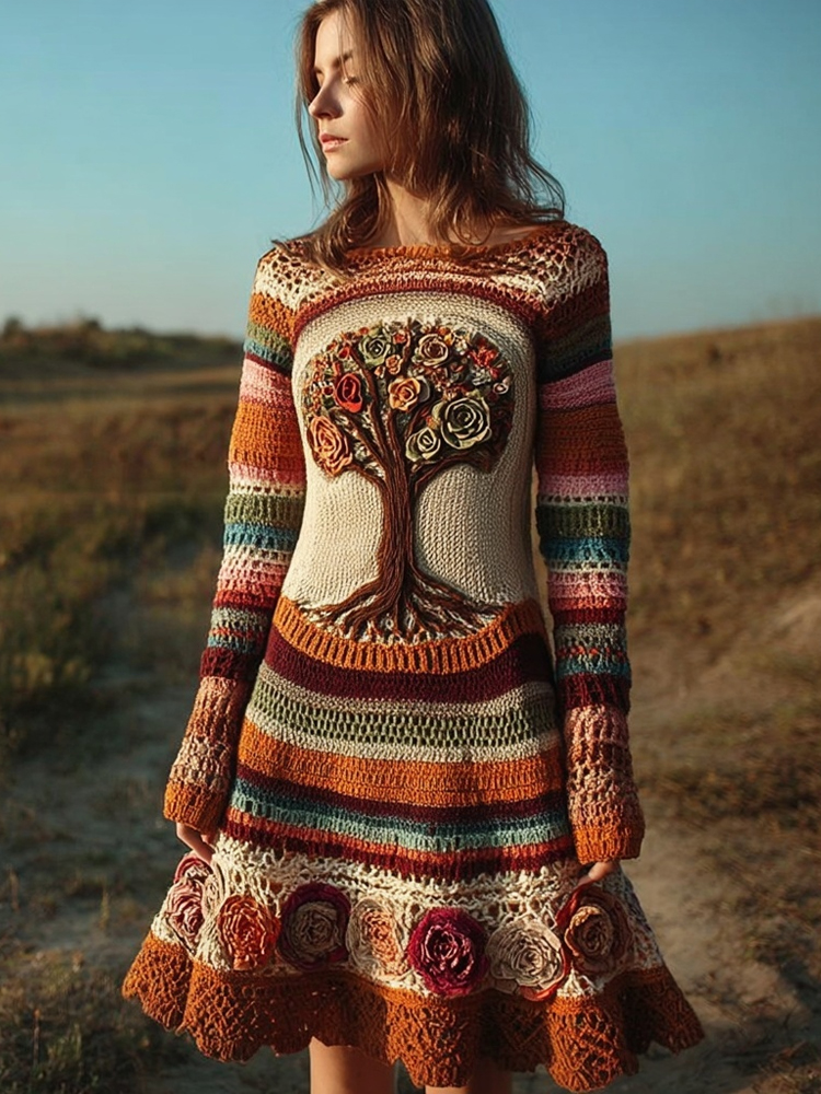 Retro Flower Tree Of Life Crochet Art Midi Sweater Dress