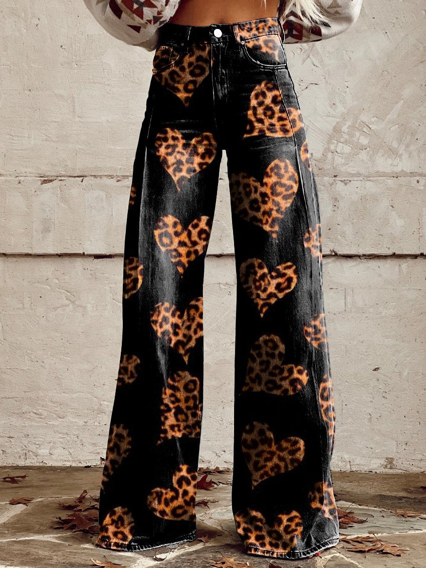 Leopard Hearts Print Women's Print Casual Wide-Leg Pants