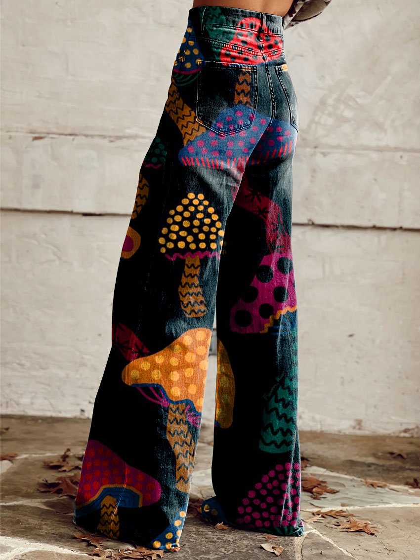 Vintage Mushroom Print Casual Wide-Leg Pants