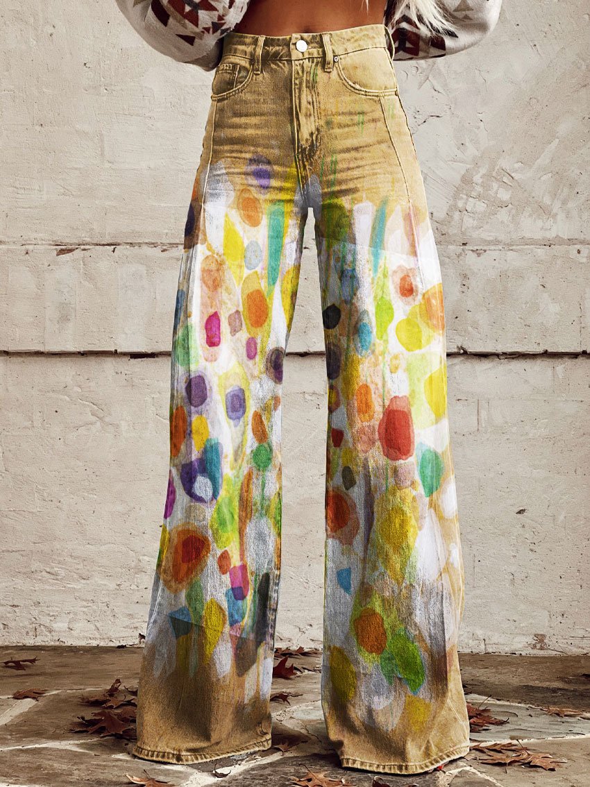 Vintage Print Casual Wide-Leg Pants