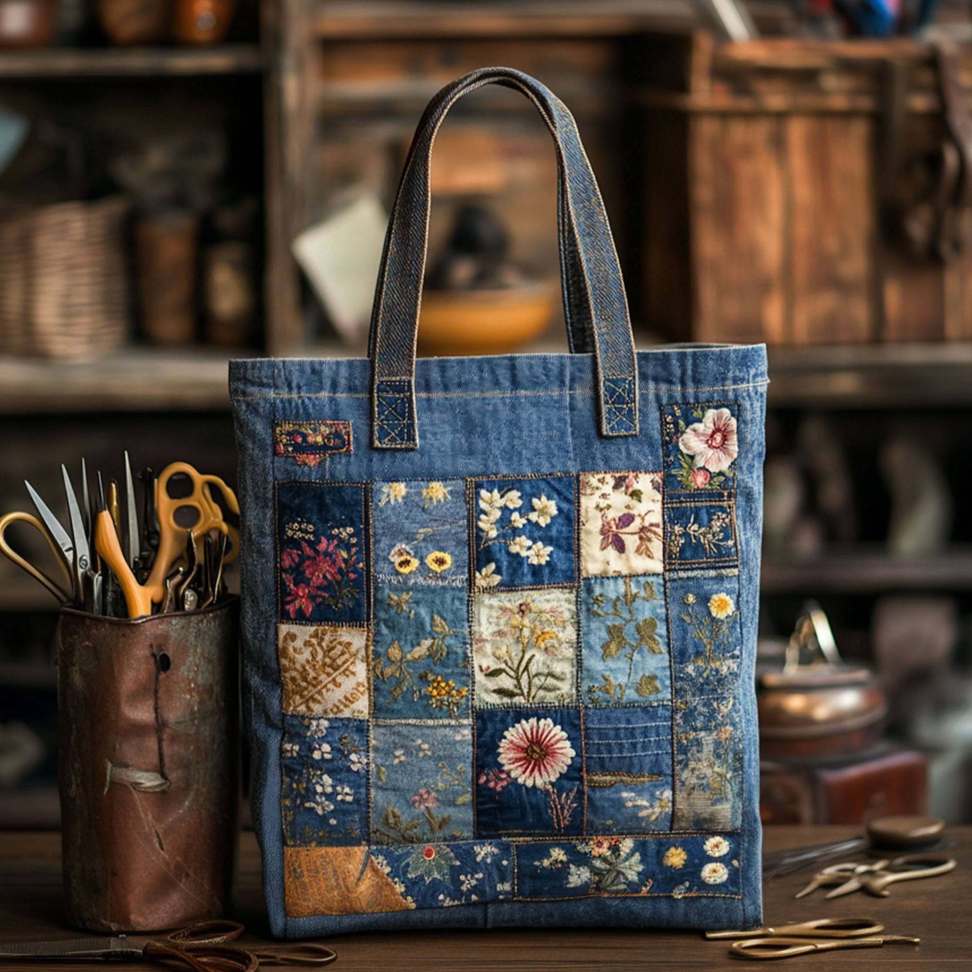 Denim Blossom Quilted Tote Bag