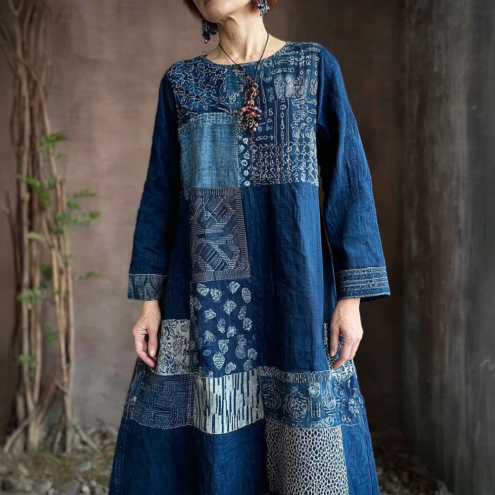 Vintage Japanese Sashiko Art Flowy Linen Maxi Dress