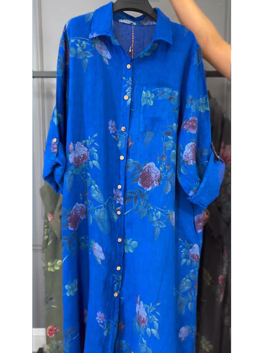 Floral Print Cotton & Linen Shirt Dress
