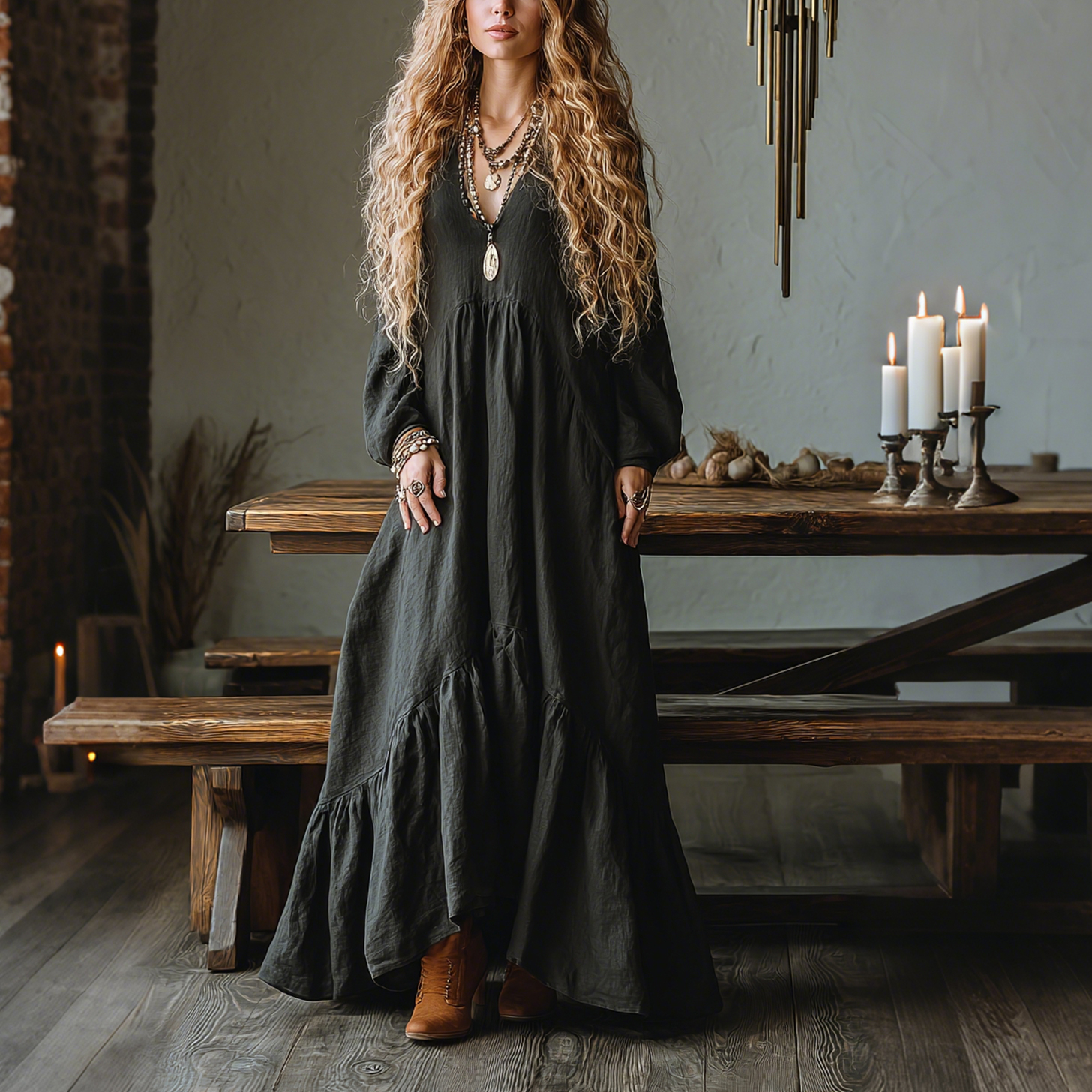 Elegant V-neck High-waisted Long-sleeved Oversized Comfortable And Breathable Dress