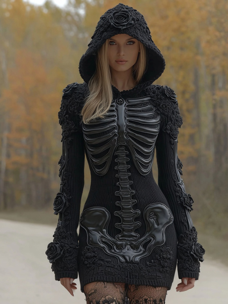 Women's Vintage Halloween Skeleton Bones Rose Lace Art Cozy Knit Hooded Sweater Dress