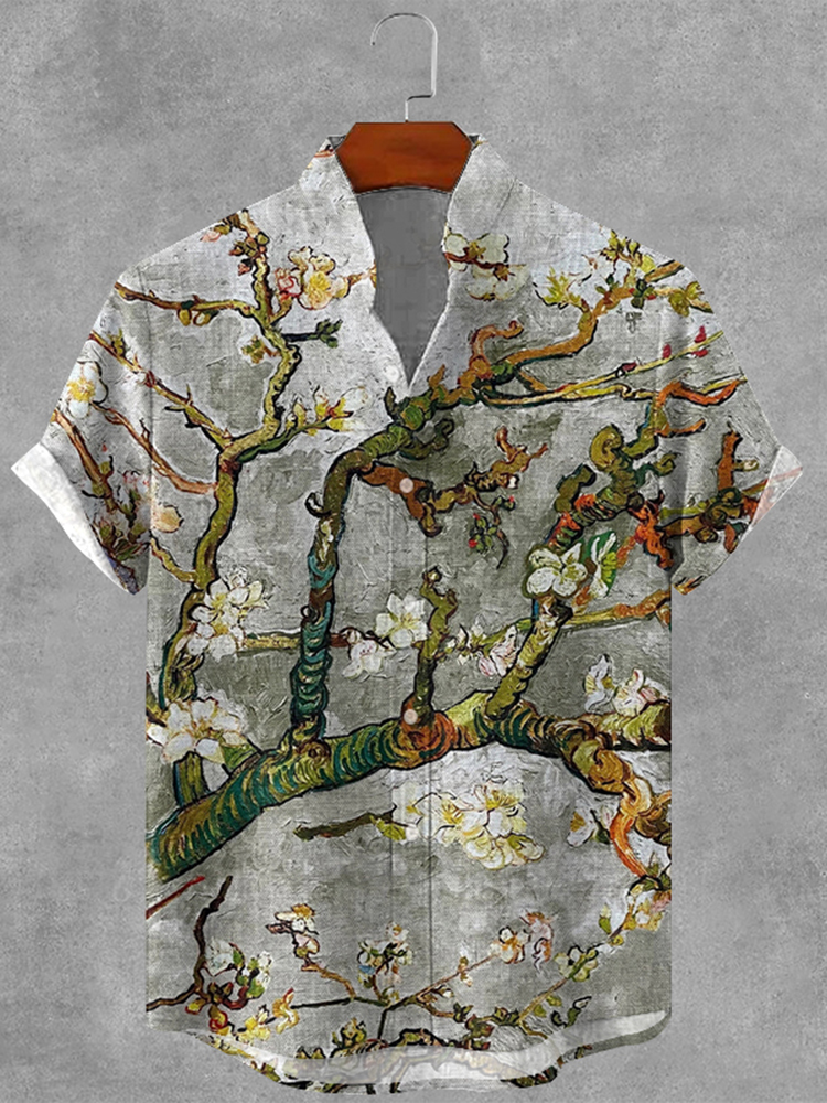 Men's Retro Floral Print Casual Linen Shirt