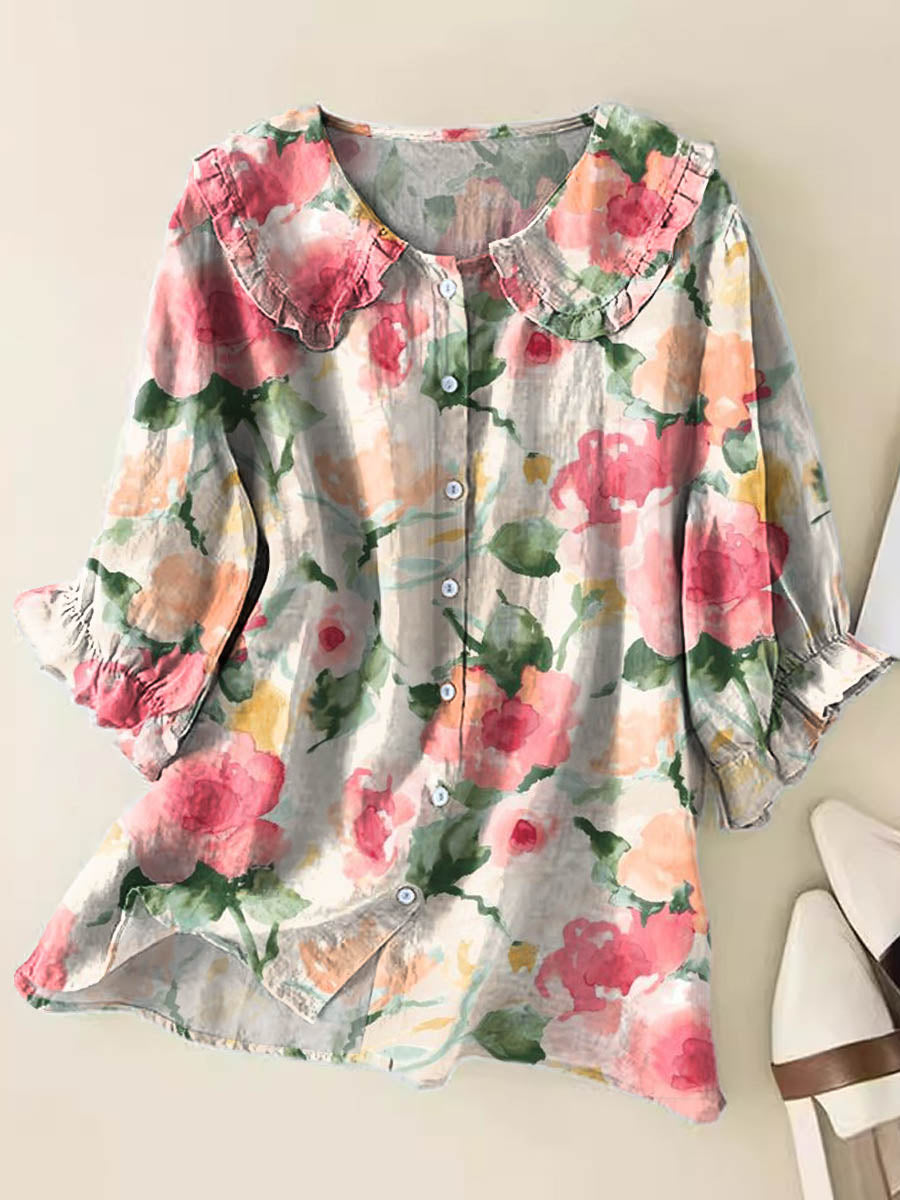 Vintage Floral Art Print Casual Peter Pan Collar Cotton Shirt