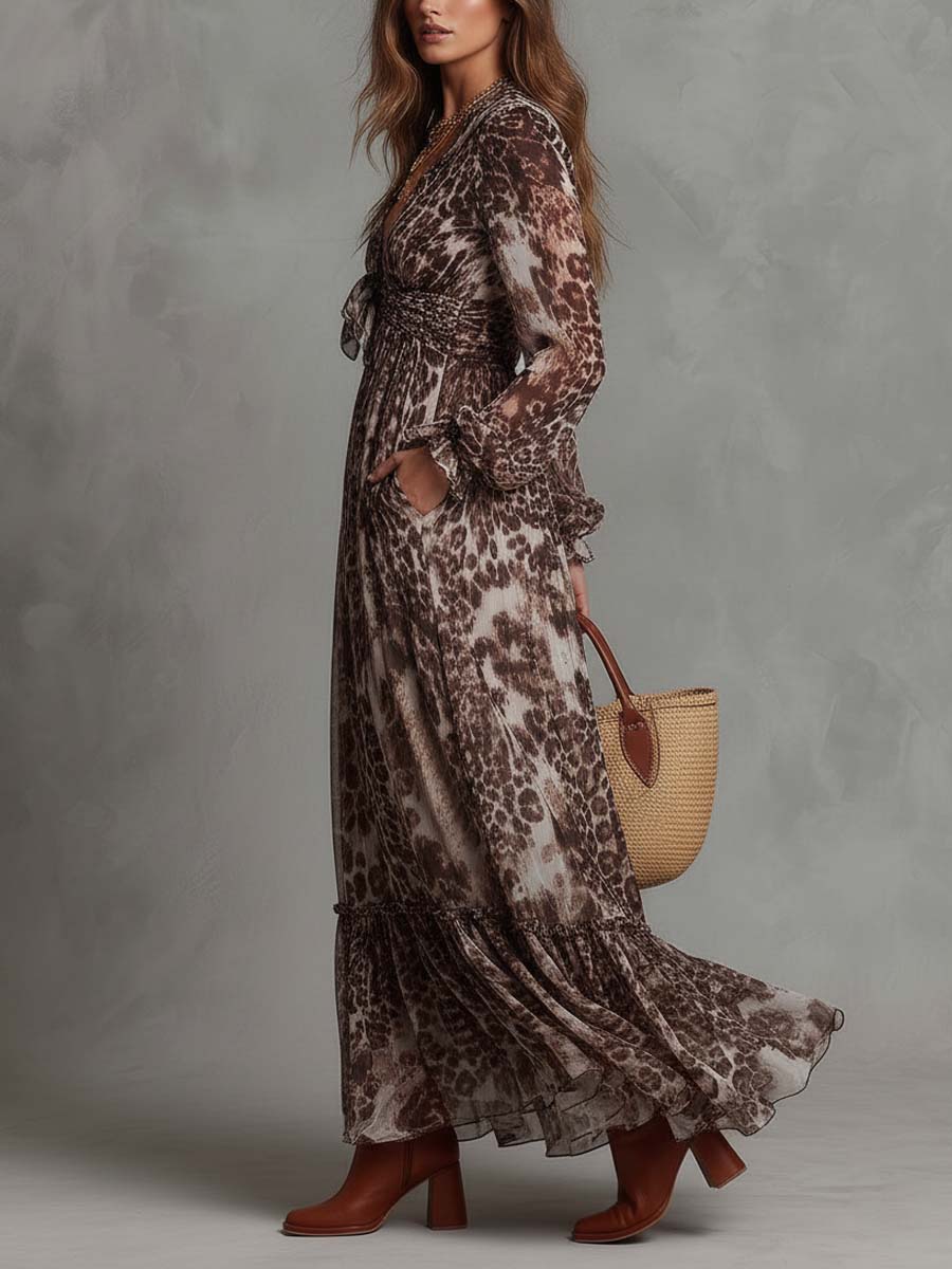 Leopard Chiffon Long-Sleeve Tie-Front Maxi Dress