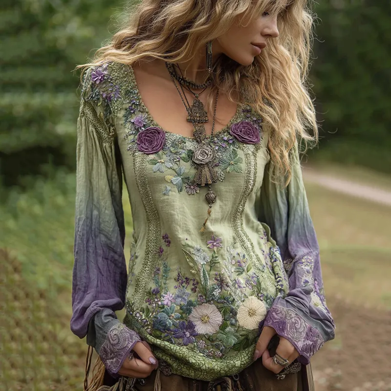 Classy Gradient Purple Lavender And Floral Embroidered Long Sleeve Shirt