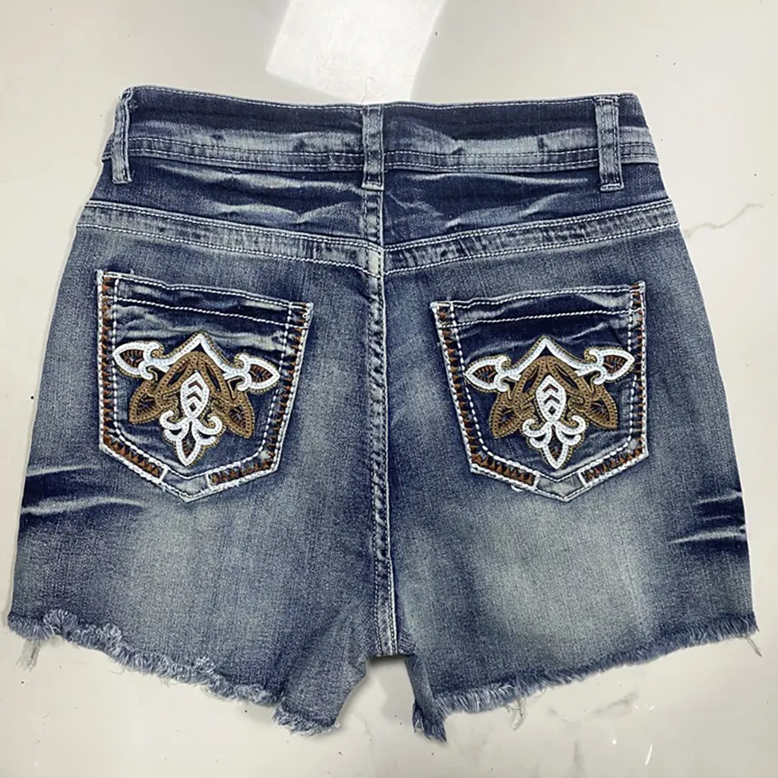 Women's Vintage Washed Ripped High Waist Embroidered Denim Shorts