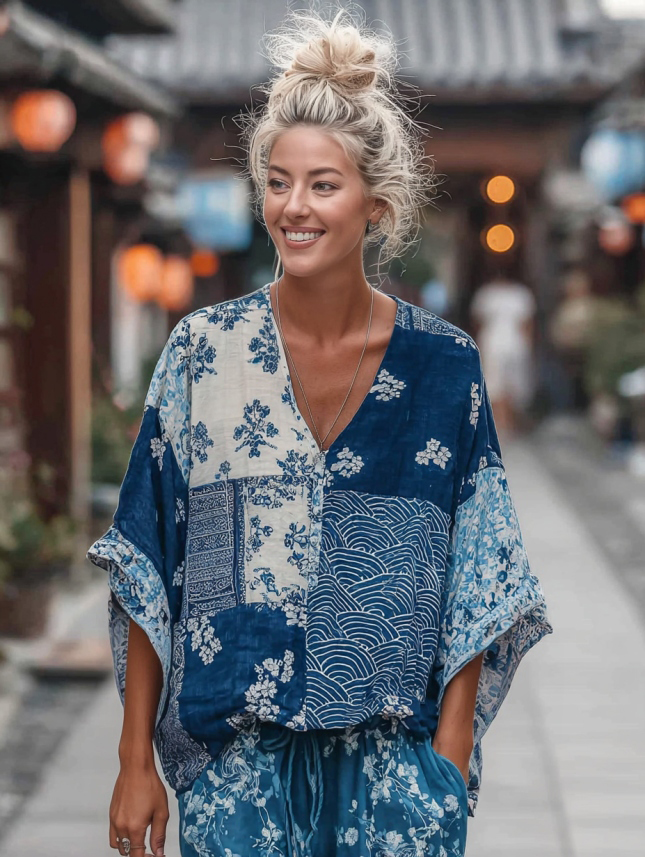 Vintage Japanese Traditional Sashiko & Wave Patchwork Art Print Linen Tops