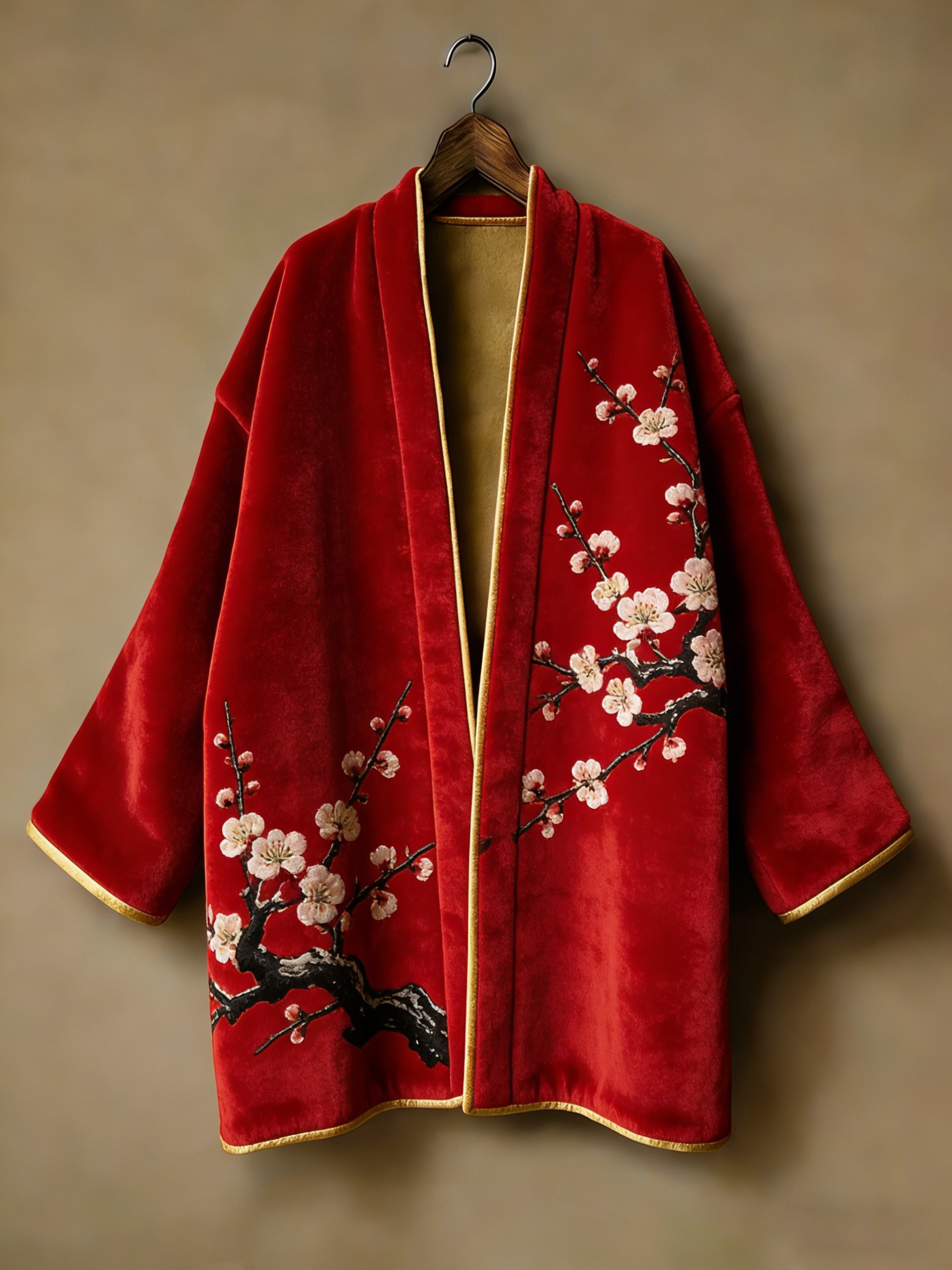 Oriental aesthetic printed flannel embroidered medium and long kimono cardigan