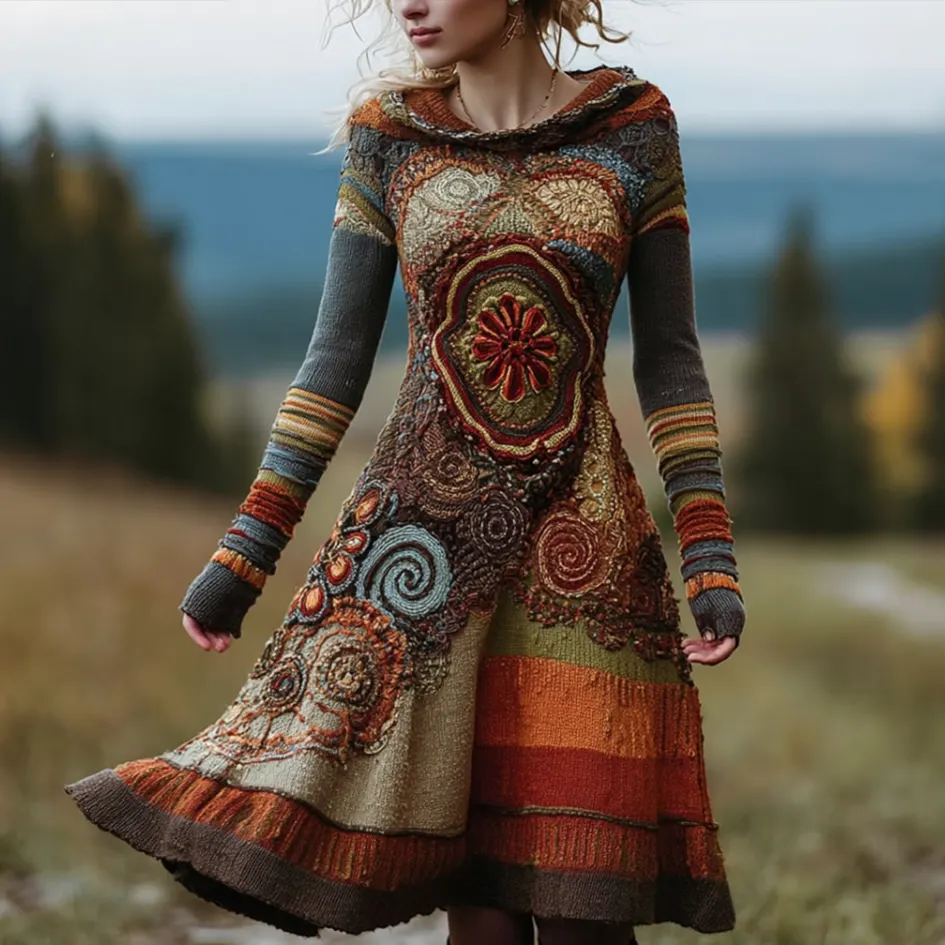 Bohemian Style Autumn And Winter Warm Women's Hooded Knitted Sweater Dress