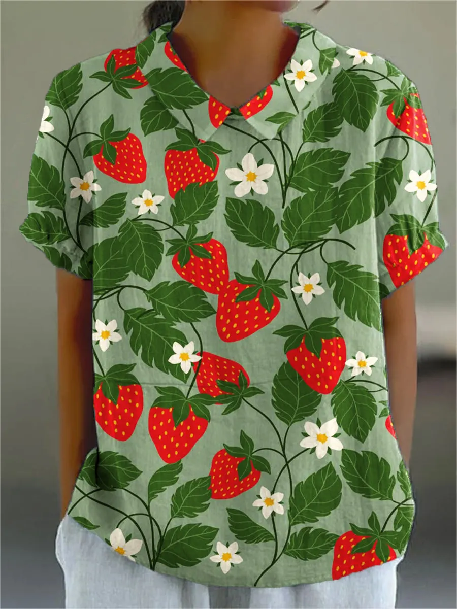 Cute Strawberry Flowers Painting Art Print Casual Cotton & Linen Shirt