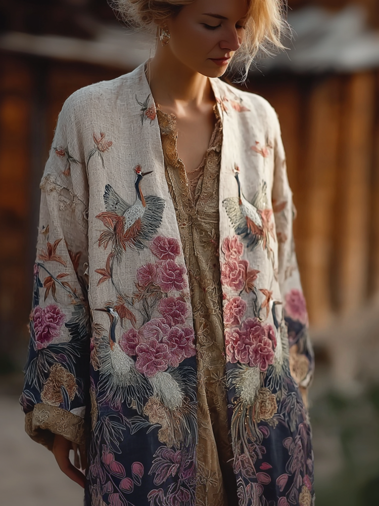 Japanese Art Retro Style Plant Flower & Crane Pattern Women's Cotton & Linen Cardigan