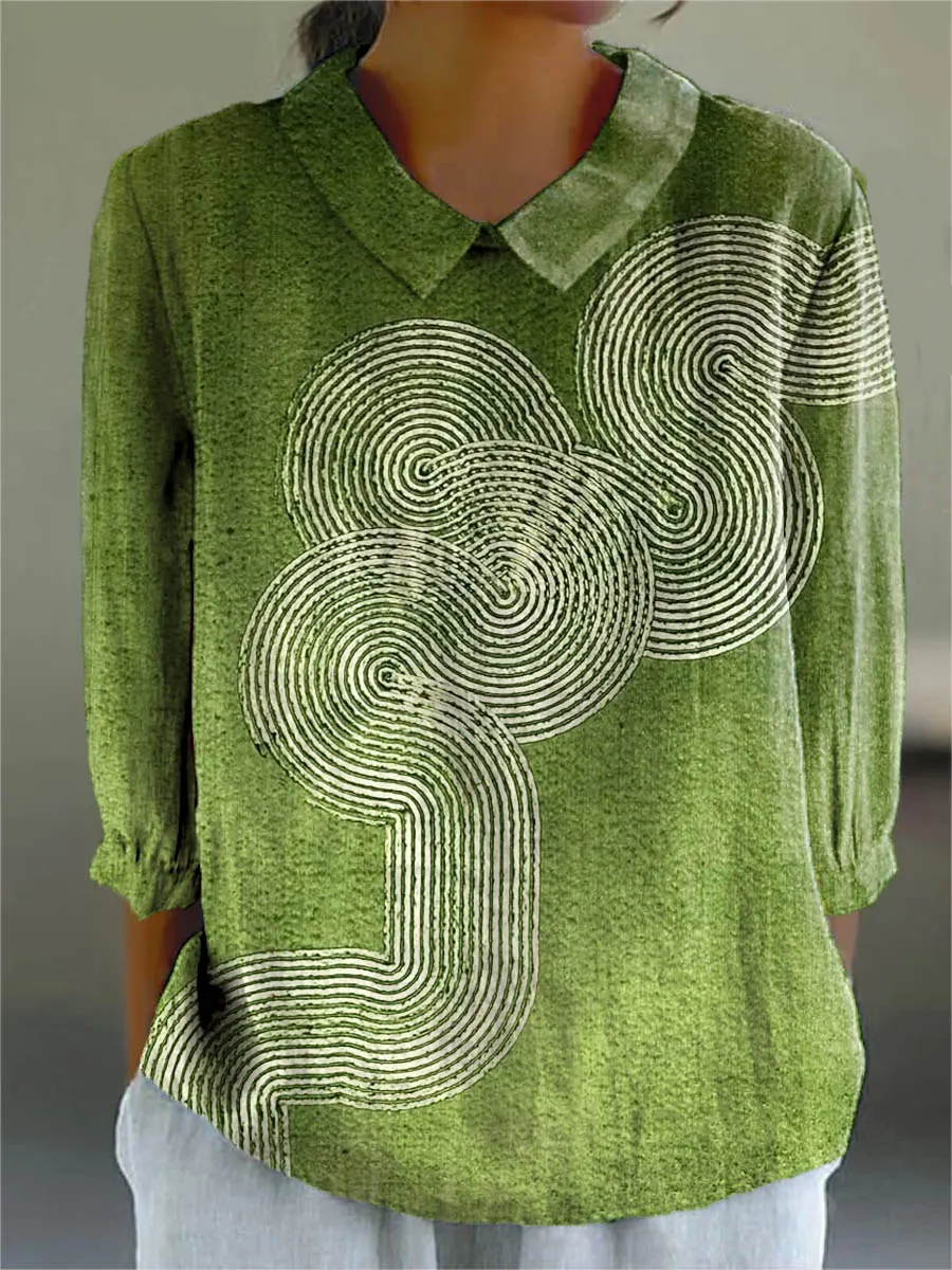 Geometric Line Pattern Art Print Casual Cotton & Linen 3/4 Sleeve Shirt