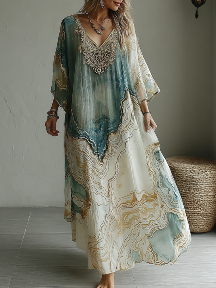 Vintage Marble Texture Collection Retro Bohemia Women Style Gradient Gilded Pattern Maxi Dress
