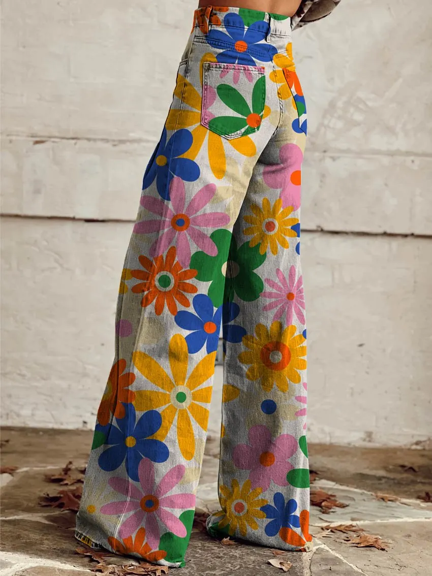 Daisy Print Casual Wide-Leg Pants